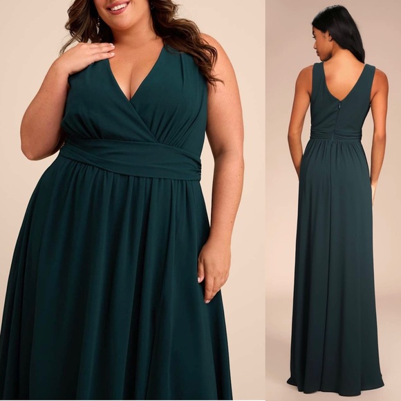 NWT LULUS Emerald Chiffon Sleeveless V-Neck Wedding Guest Dress Formal Gown XL‎ - Picture 6 of 11